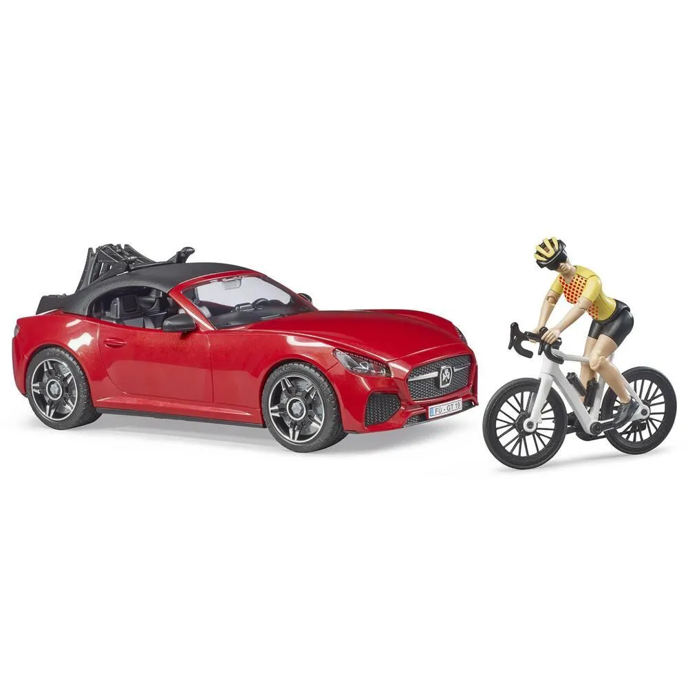 VOITURE ROADSTER VELO ET FIGURINE CYCLISTE 1:16