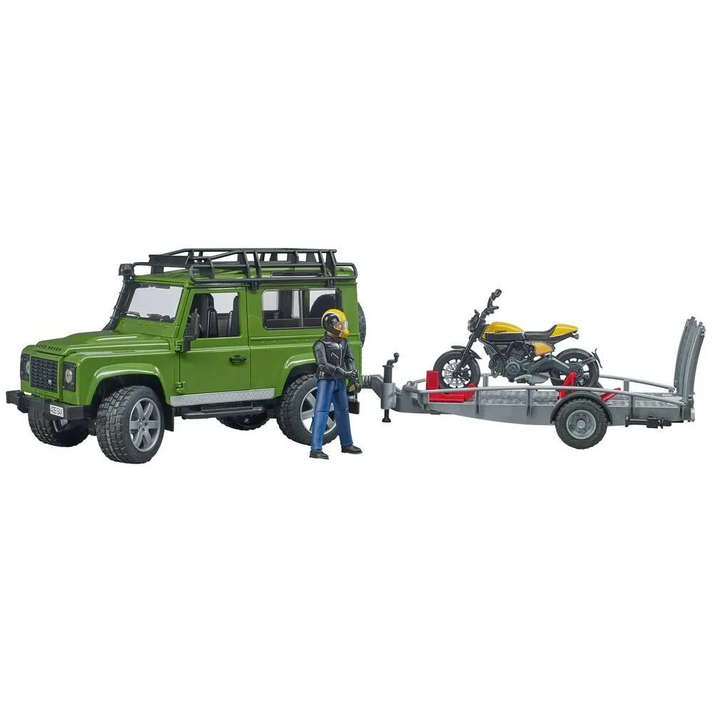 VEHICULE LAND ROVER DEFENDER AVEC REMORQUE ET MOTO SCRAMBLER DUCATI