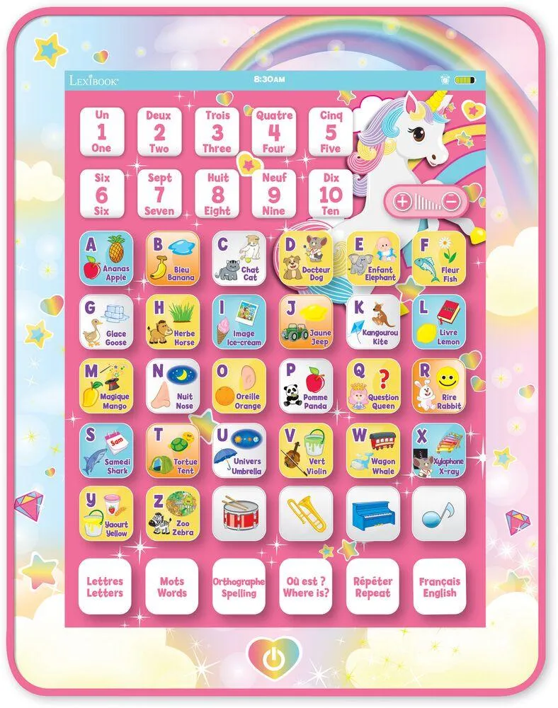 TABLETTE EDUCATIVE THEME LICORNE BILINGUE PARLANTE POUR APPRENDRE L’ALPHABET ET LES CHIFFRES EN ANGLAIS ET FRANCAIS