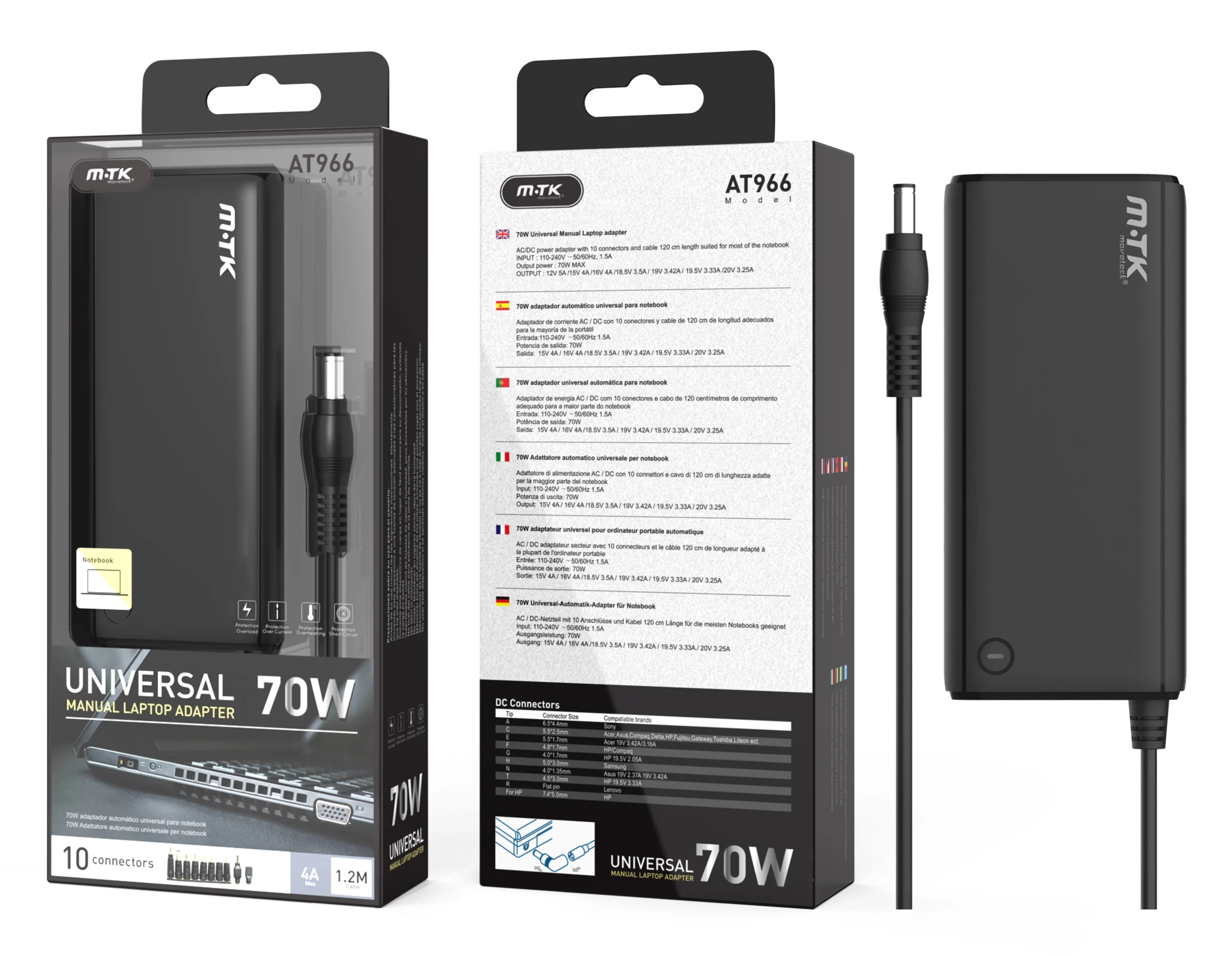 Chargeur universel manuel at966 - 10 embouts- charge super rapide- 70w- 4a max- câble 1.2m - noir