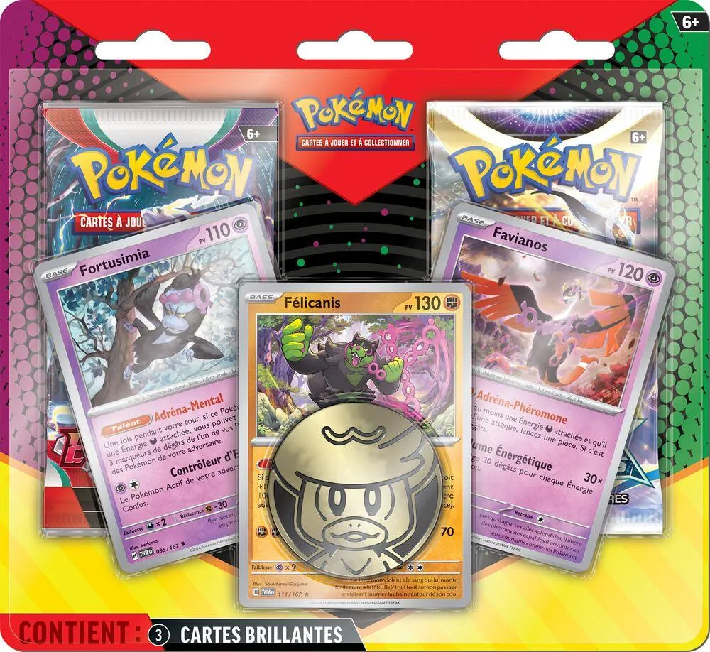POKEMON : PACK 2 BOOSTERS + PIECE + 3 CARTES PROMO