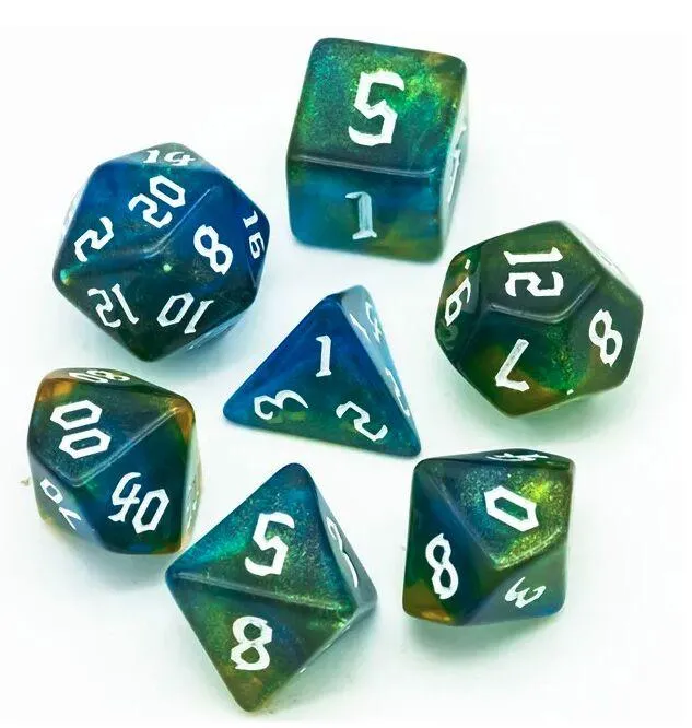 LOT DE 7 DES RESINE EN BOITE - VERT ET BLEU PAILLETTES