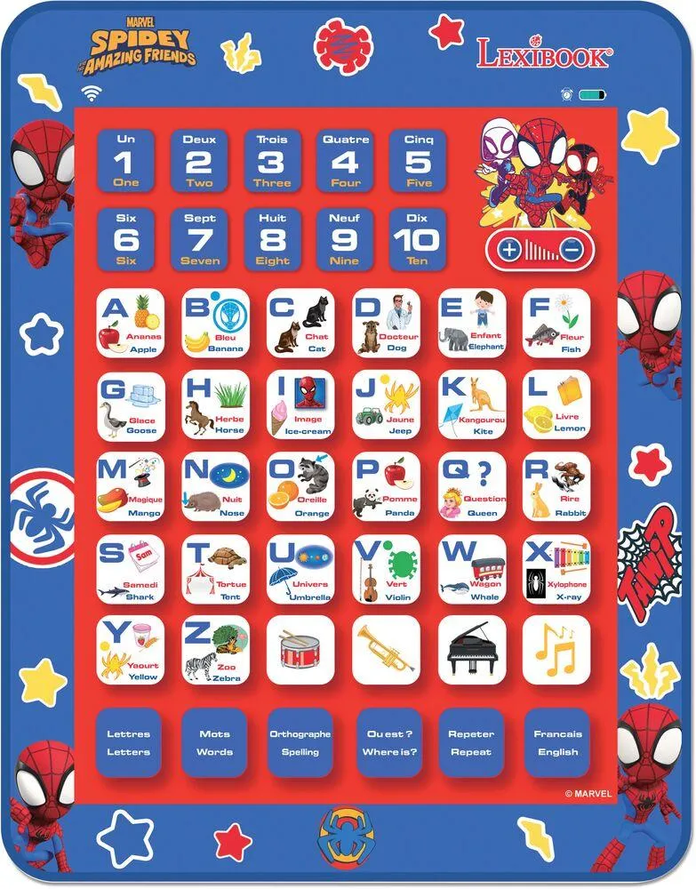 TABLETTE EDUCATIVE SPIDEY AND HIS AMAZING FRIENDS BILINGUE PARLANTE POUR APPRENDRE L’ALPHABET ET LES CHIFFRES EN ANGLAIS ET FRANCAIS