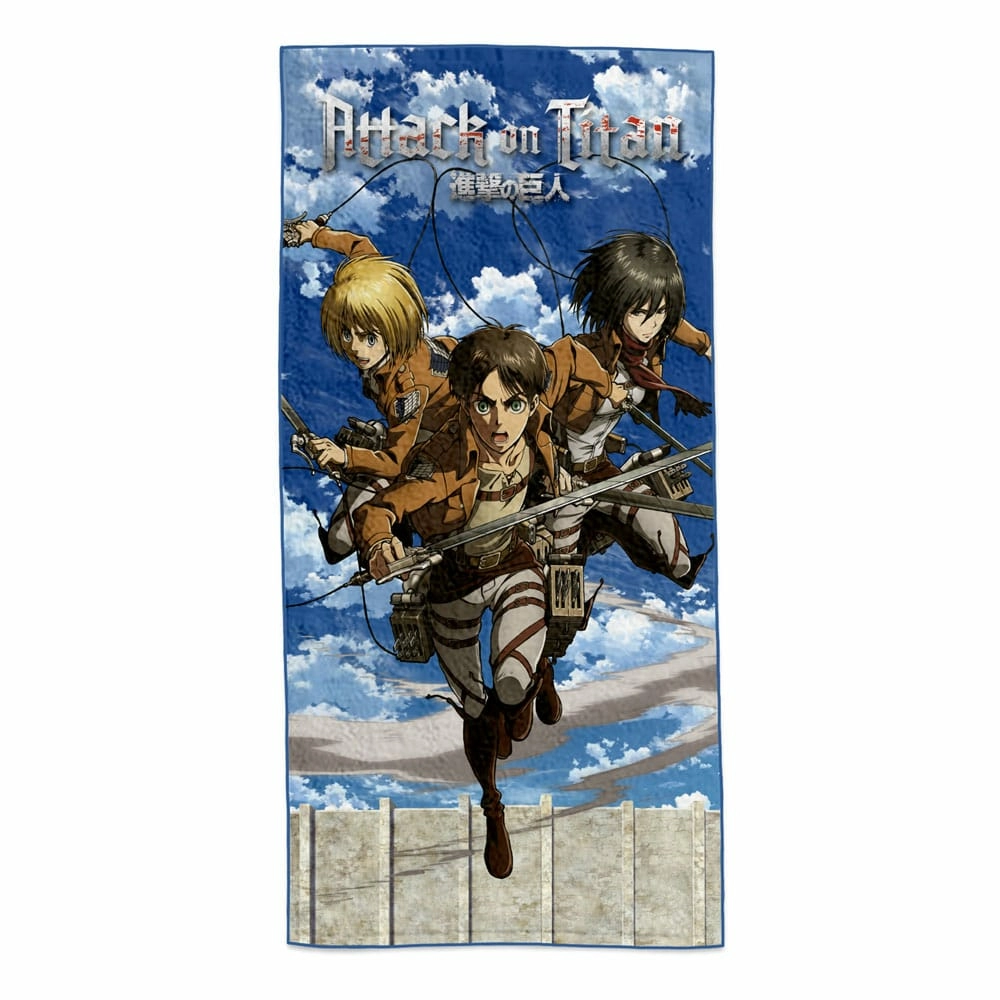 Attack on titan serviette de bain eren, mikasa & armin 150 x 75 cm
