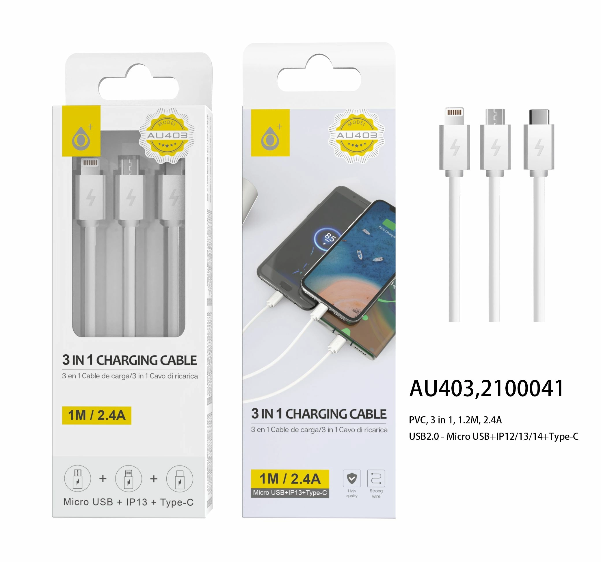Cable triple microusb + iphone 5/6/7/8/x + typec, 1 mètre blanc au403 compatible nintendo switch