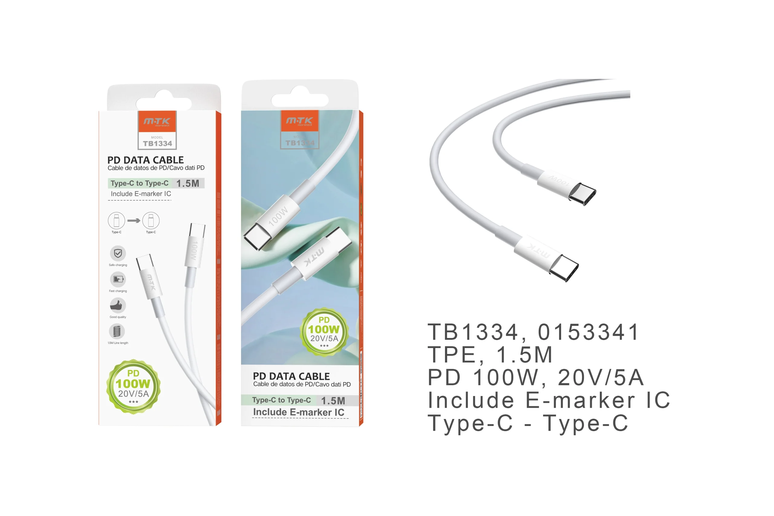 Câble type-c vers type-c 1,5m 5a power delivery 100w (blanc)-tb1334