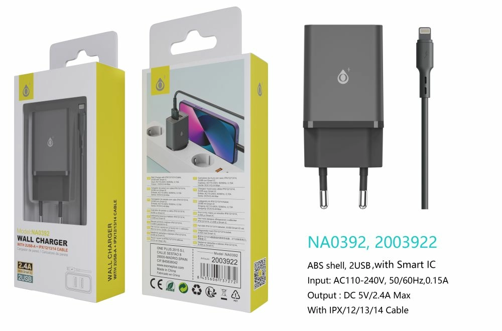 Chargeur avec câble ip 5 à 14-2usb-2.4a -noir-na0392