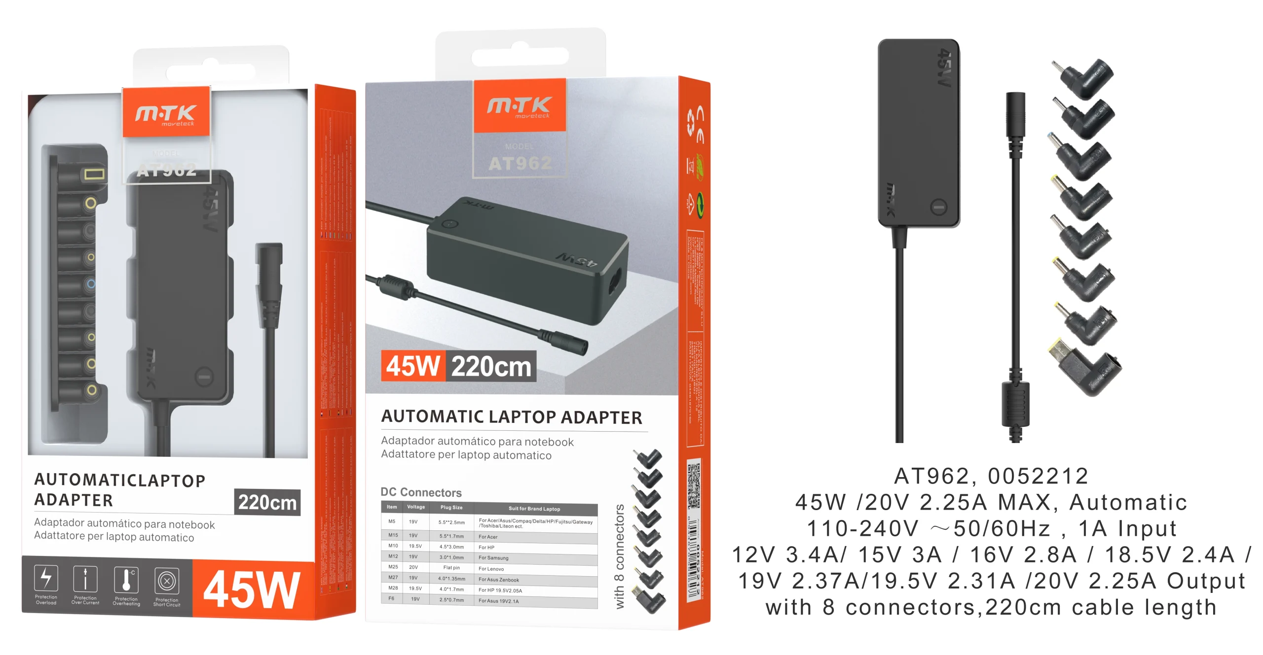 Chargeur universel automatique at962 - 8 embouts- charge super rapide- 45w- 3.25a max- câble 1.2m - noir