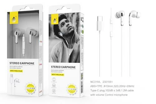 Ecouteurs + micro et controle du volume avec câble type c- 1,2m - blanc nc3155