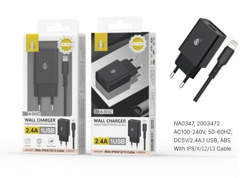 Embout secteur usb + câble pour iphone 5 à 13 - 2.4a -noir -s. basic-na0347