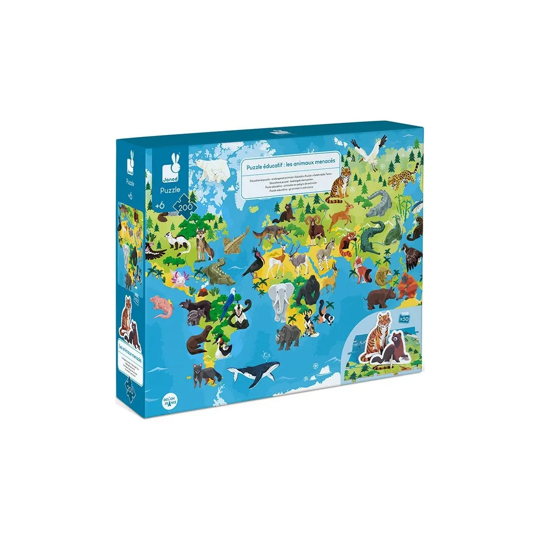 Puzzle éducatif Janod 200 pièces "Les Animaux Menacés"
