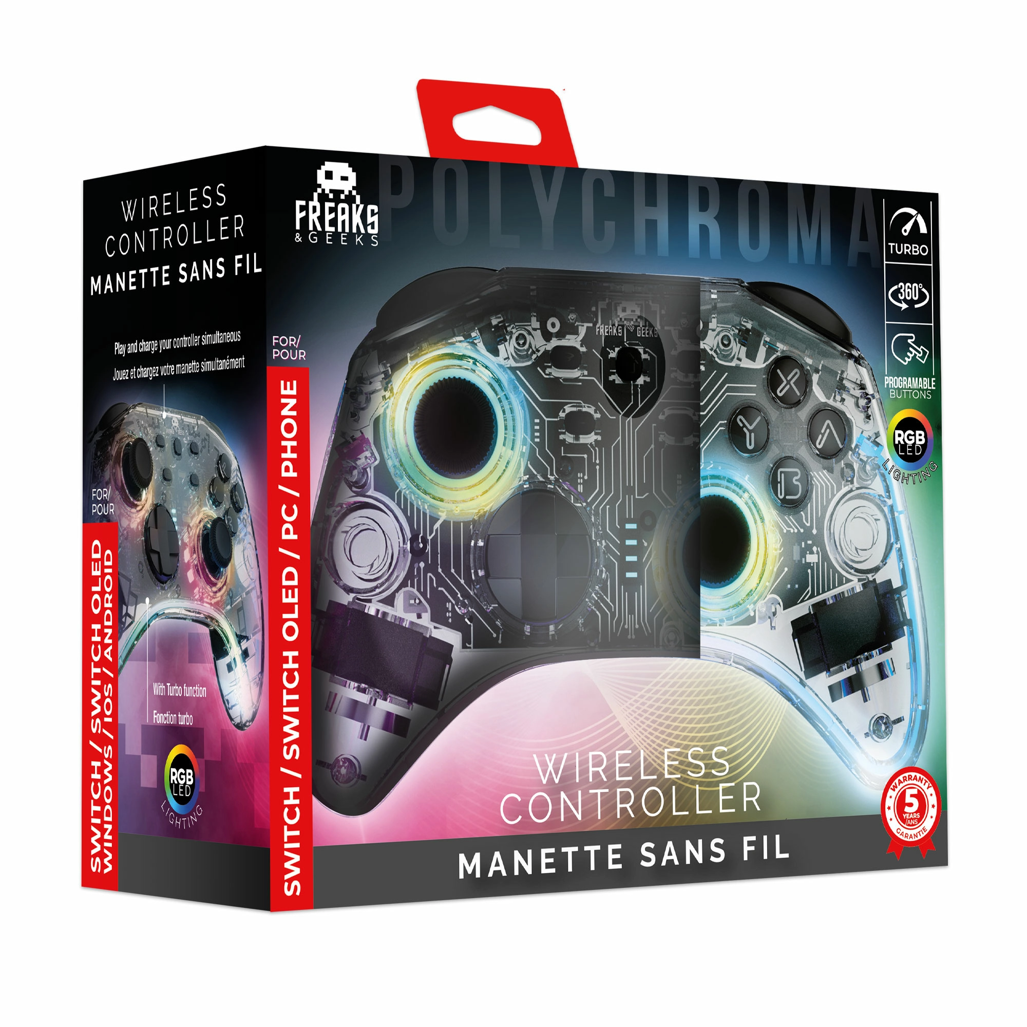 Manette switch sans fil - câble 1m - transparente à led