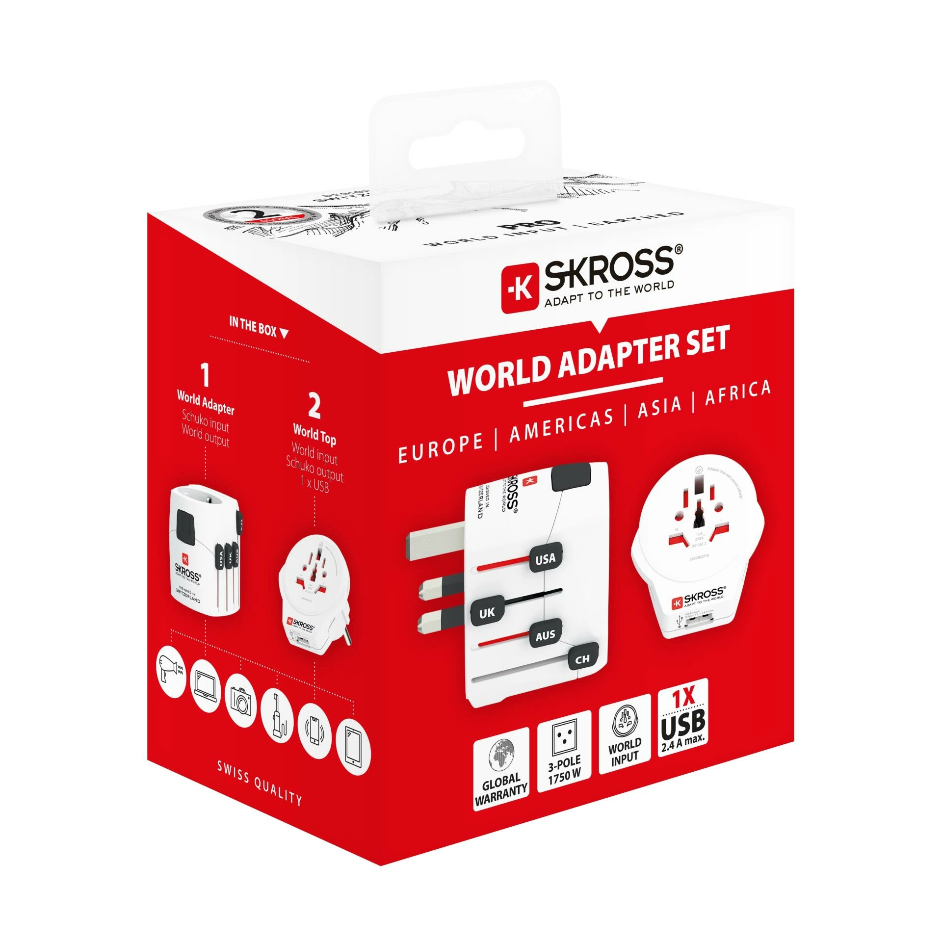 Skross - world travel adapter with ground plugs 6.3a, world to europe usb 2.4 on top