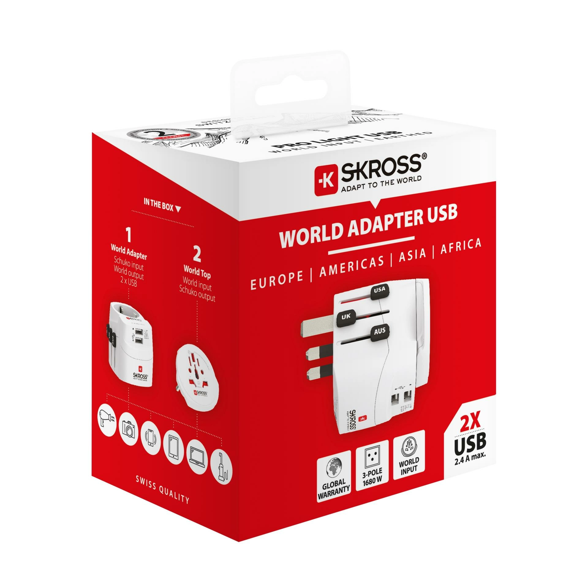 Skross - world travel adapter with ground plugs( no swiss & italy ) + 2 usb slot 2400 ma + world to europe