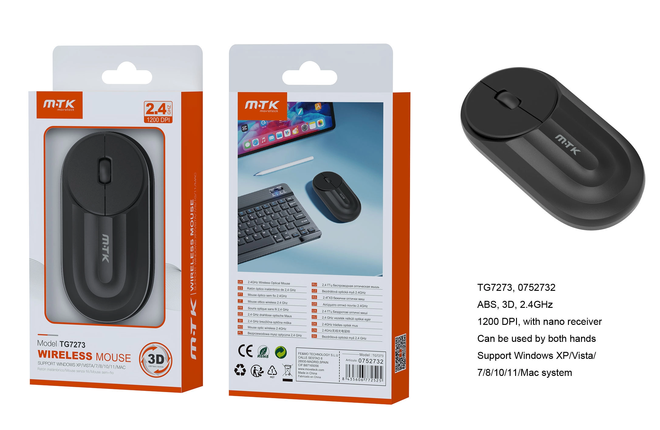 Souris sans fil 1200dpi - 2,4ghz - tg7273 -noir