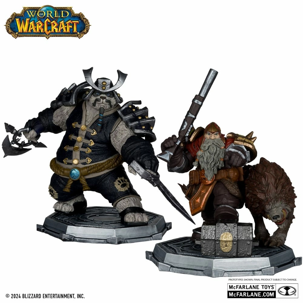 World of warcraft pack 2 statuettes pvc 1/12 dwarf hunter: beast master & pandaren: monk (gold label) 15 cm